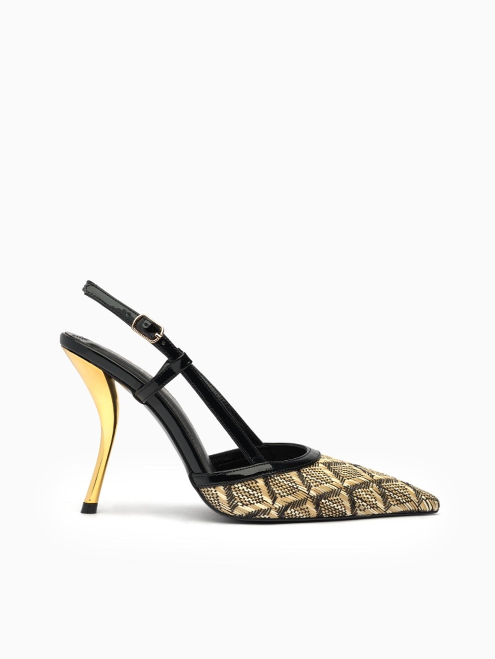 Chevron Raffia Slingback Heels with Sculptural Gold Heel – Resort Summer Shoes
